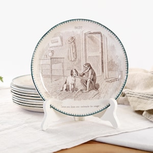 Set of 5 Vintage French Dessert Plates by Sarreguemines - Antique French Country Tableware From 19th Century - Brown Transferware Decor
