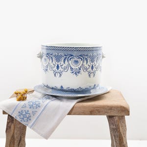 Antique French Faience Planter with Saucer – Blue White Jardinière, Barbotine Pot, Gargoyle Mask Detail, 19thC Cachepot, old ceramic planter