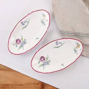 2 Antique Gien Strasbourg Red Transferware Serving Dishes- French Faience Circa 1900 - Oval Platters- Floral Pattern- Rustic Farmhouse Decor