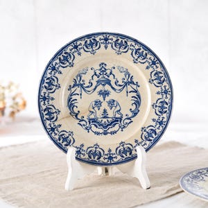 4 Jules Vieillard Plates, Blue Transferware Terre de Fer, Ironstone Patinated Antique Faience, Wabi Sabi French Deco, Moustiers Cherub Decor