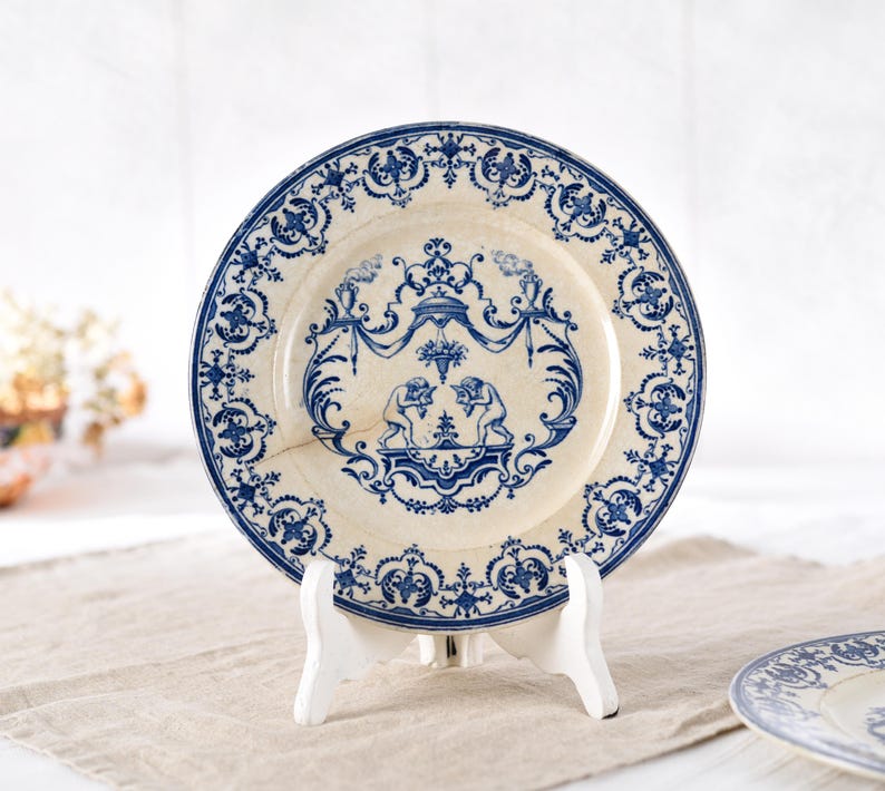 4 Jules Vieillard Plates, Blue Transferware Terre de Fer, Ironstone Patinated Antique Faience, Wabi Sabi French Deco, Moustiers Cherub Decor