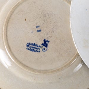 May include: Close-up of two antique white ceramic plates. The plates have a cream-colored base with a blue floral design and text. The plates have a slightly aged appearance with visible cracks in the glaze, suggesting age and use.