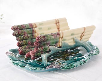 Seltene große französische antike Luneville Majolica Spargel-Artischocken-Platte - Bauernhaus-Barbotine-Sammlerstück