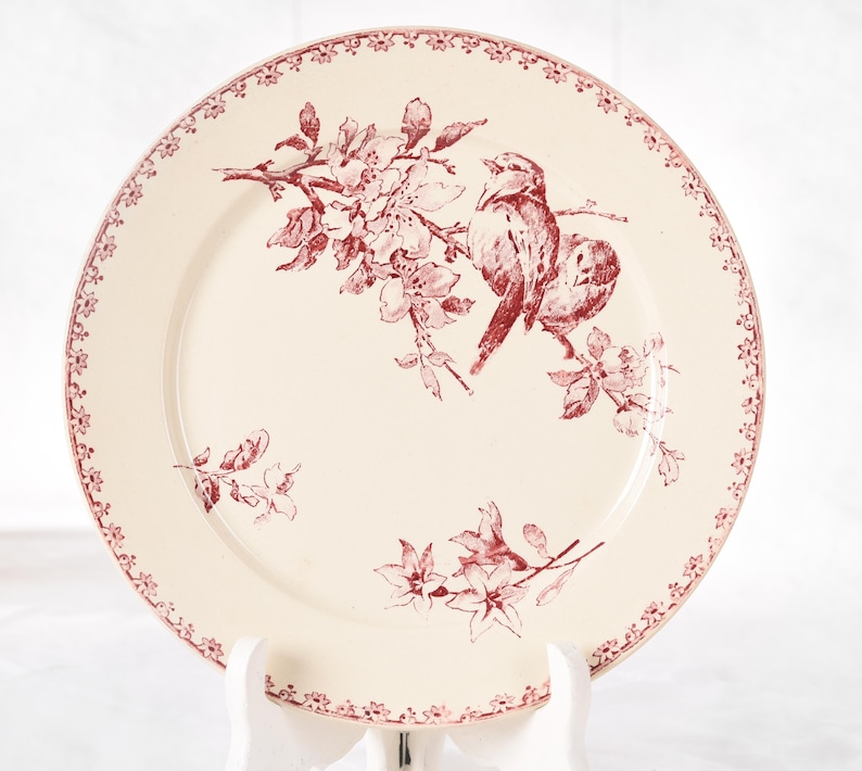 Puede incluir: Plato de cer&aacute;mica color crema con un dise&ntilde;o floral y de p&aacute;jaros en color granate. El plato presenta una ilustraci&oacute;n detallada de dos p&aacute;jaros posados en una rama florecida. El borde est&aacute; decorado con un delicado borde floral, a&ntilde;adiendo elegancia.