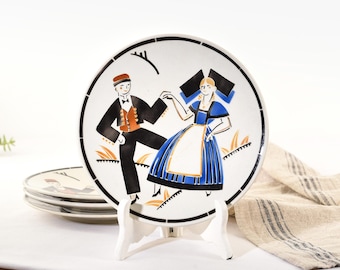Franska Art Deco-tallrikar från 1930-talet, folkkonst - Sällsynt antik uppsättning med 4 tallrikar från K&G Lunéville - Art Deco-keramik Frankrike - Amerikanska tullavgifter täckta