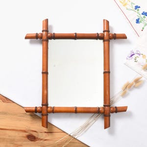Bamboo mirror - Unique Vintage French Mirror - Faux Bamboo Accent Mirror - Entryway Bathroom or Living Room Mirror From 60s - 19.6 inches