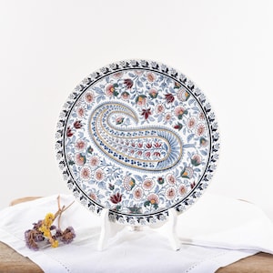 French Gien Faience Wall Plate – Hand-Painted Paisley Pattern, 10” Decorative Plate, Antique French Ceramic, Vintage Wall Art