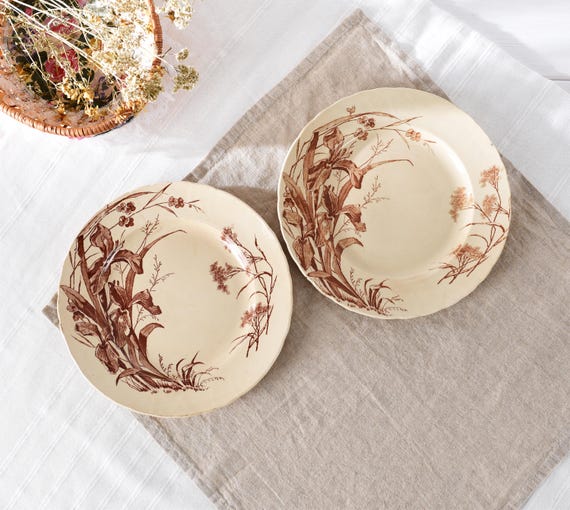 Brown Transferware Plates, Set of 2 French Antique Jules Vieillard