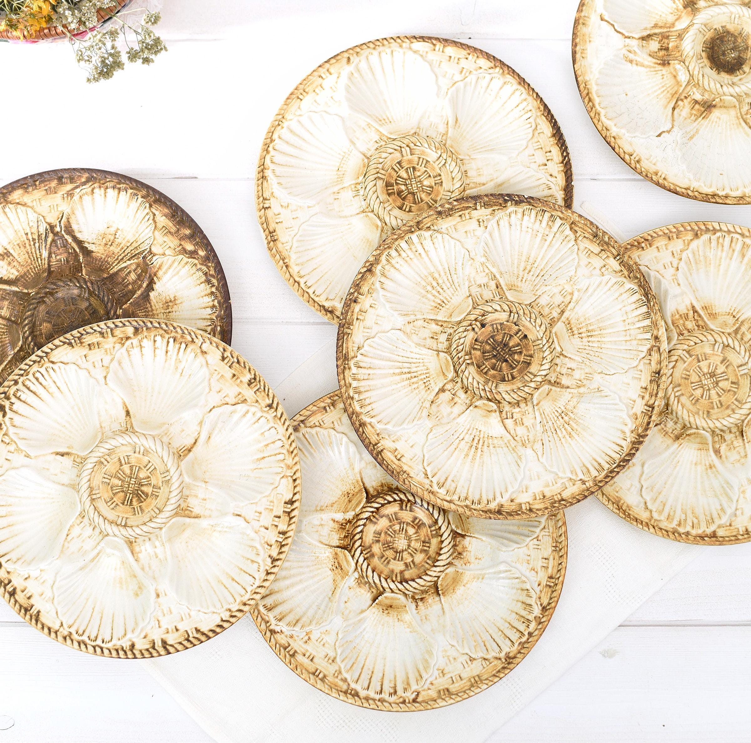 Vintage French Oyster Plates – Longchamp Cream & Brown Ceramic – Rustic Coastal Decor - Farmhouse Kitchen Decor - US Customs Fees Covered