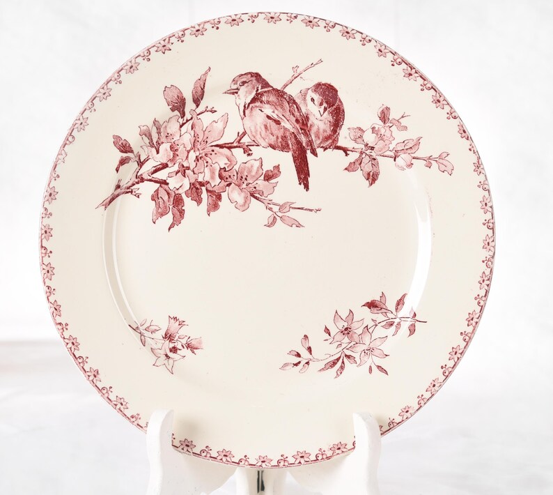 Puede incluir: Plato de cer&aacute;mica color crema con un dise&ntilde;o floral y de p&aacute;jaros en color granate. El plato presenta una ilustraci&oacute;n detallada de dos p&aacute;jaros posados en una rama floreciente, con un delicado borde floral. Una adici&oacute;n encantadora a cualquier mesa.