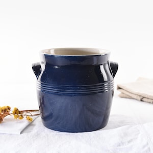Vintage French Navy Blue Confit Pot - Glazed Stoneware Crock - French Farmhouse Kitchen Decor - Rustic Provence Pottery - Antique French Jar