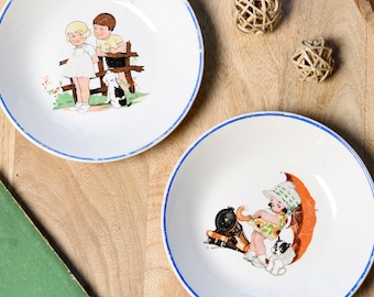 Old plates from HBCM, Hippolyte, Boulenger, Creil and Montereau. Small illustrated plates for children. Old crockery.