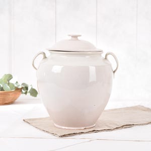 Vintage French Confit Pot with Lid – White Glazed Earthenware Jar – French Antique Terracotta Storage Pot – Rustic Farmhouse Kitchen Decor