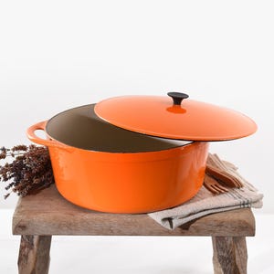 Vintage French Cousances Dutch Oven #31 Orange – Enamel Cast Iron Round Casserole – Rustic French Kitchen – Le Creuset Predecessor Pot.
