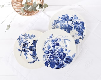 Set of 3 French Antique Creil et Montereau Dinner Plates- Pomone Fruit Decor-Blue Transfer Ware- 19th Century French Faience - 9.2"