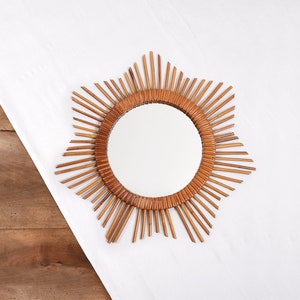 Rattan Sun Mirror - Entry Way or Living Room Accent Mirror - Vintage French 70s Mirror - Rattan Sun-Shaped - 19.2 Inches