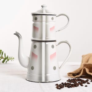 French Antique Enamel Coffee Pot. Large Vintage White Enamelware Coffee Pot. Antique Farmhouse Kitchen Decor.
