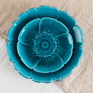 MCM Wall Art Vallauris Pottery Plates, Turquoise Majolica Ring Dish, Mid Century Vintage Daisy Flower Retro Boho Wall Decor, A. Maunier Set