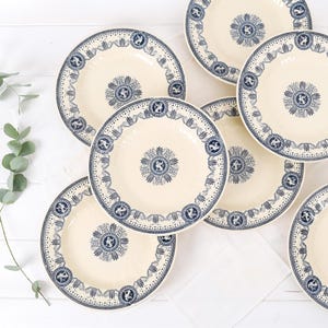 Antique French Gien Blue Transferware Soup Plates- Set of 8 Large Faience Dinner Dishes- Farmhouse Country Kitchen Decor Collectible