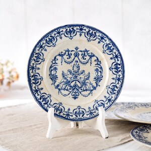 4 Jules Vieillard Plates, Blue Transferware Terre de Fer, Ironstone Patinated Antique Faience, Wabi Sabi French Deco, Moustiers Cherub Decor
