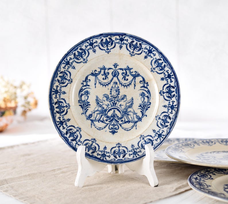 4 Jules Vieillard Plates, Blue Transferware Terre de Fer, Ironstone Patinated Antique Faience, Wabi Sabi French Deco, Moustiers Cherub Decor