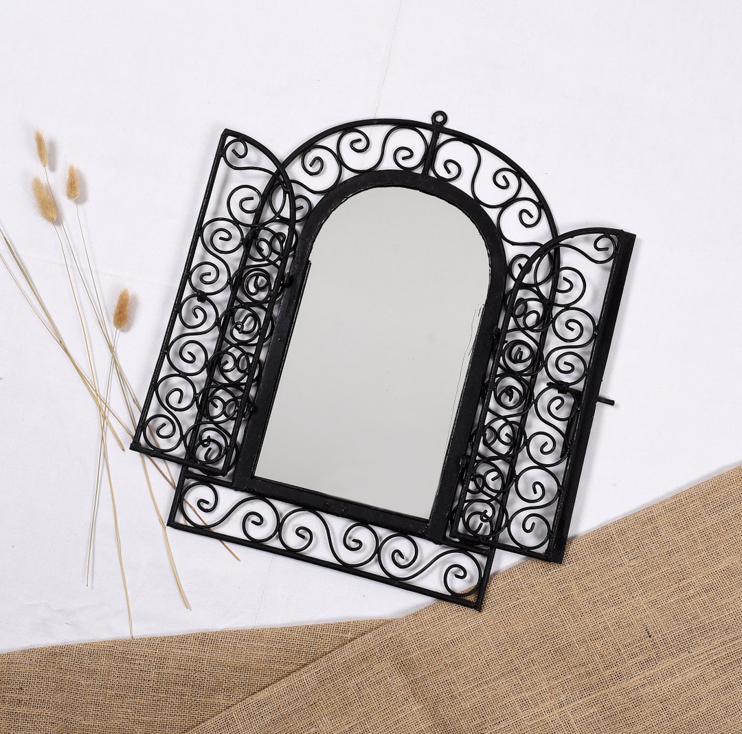 Wrought Iron Mirror 50 Cm With Doors, Decorated With Arabesques. Old