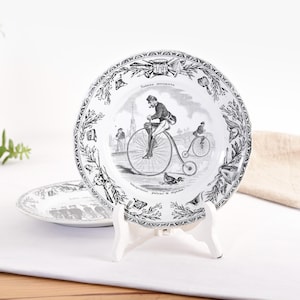 Creil Montereau Black Transferware Plates - Set of 2 French Antique Plates Military Scenes - 19th Century
