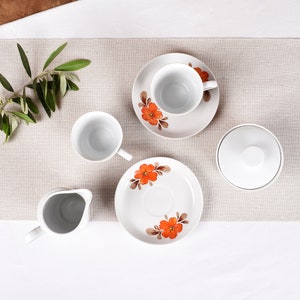 Vintage Bavaria White Porcelain Coffee Set – Orange Floral Design, Antique Tea Cups, Saucer Set, Milk Jug, Sugar Bowl, Collectible Tableware