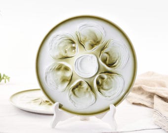 Green Majolica Oyster Plate - Set of 2 - Antique French Oyster Plates - Seafood Plate by St Amand - Vintage Barbotine - French Antique Decor