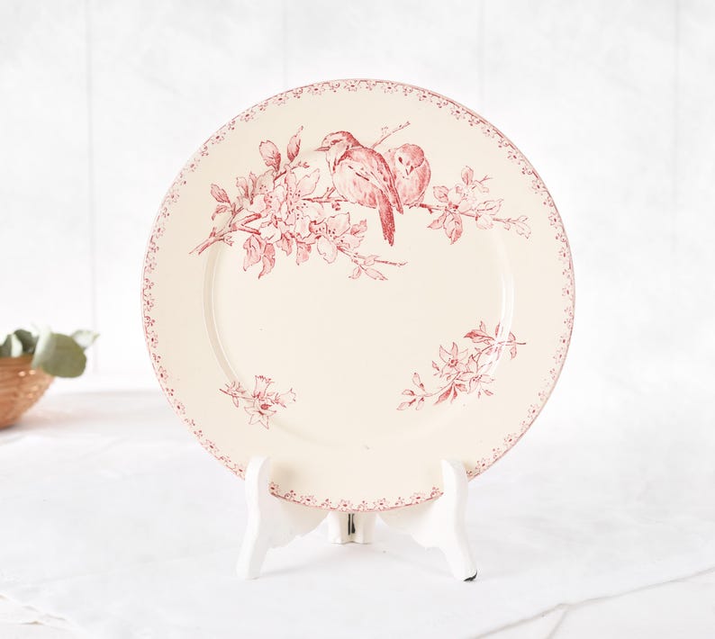 Puede incluir: Plato de cer&aacute;mica color crema con dise&ntilde;o floral y de p&aacute;jaros rojos. El plato presenta dos p&aacute;jaros posados en una rama florecida, con un delicado borde punteado. Una pieza decorativa para servir o exhibir.