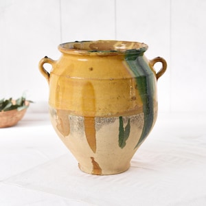 Large French Antique Yellow Green Confit Pot- Rustic Farmhouse Terracotta Earthenware- Provence Country Kitchen Decor- Vintage Glazed Clay.