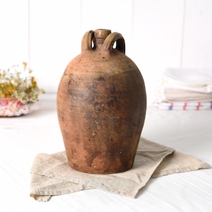 Antique French Terracotta Jar- Wabi Sabi Vase- Rustic Farmhouse Pottery- Large French Country Water Wine Pot- Primitive Clay Urn Decor Art