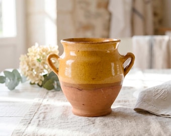 Tarro de confitura francés antiguo de cerámica amarilla esmaltada - Tarro pequeño de confitura con asas - Decoración de cocina campestre francesa - Jarra rústica de terracota - Jarrón Wabi Sabi