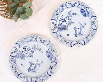 Antique French Creil Montereau Ironstone Transfer Ware Japon Plate Set - Blue White Dinner Plates - Asian Decor Vintage Home Shabby Chic