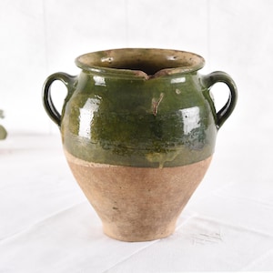 Rare French Antique Green Glazed Confit Pot- Rustic Provencal Farmhouse Kitchen Decor- Large wabi sabi vase- Provence Country Confit Jar
