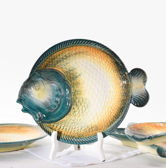 Lot De 4 Assiettes à Poissons Vintage – Céramique Verte – Déco Table