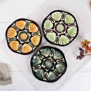 Set of 3 Vintage French Majolica Oyster Plates • Mismatched Barbotine Seafood Plates • Antique Brittany Pottery • Blue, Green & Mustard