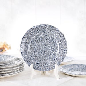 Könnte beinhalten: Eine Ansammlung von blau-weiß gemusterten Tellern mit Blumenmuster. Die Teller haben einen gewellten Rand und sind auf einer weißen Oberfläche angeordnet. Ein Teller wird auf einem weißen Ständer präsentiert. Die Teller haben ein zartes Blumendesign.
