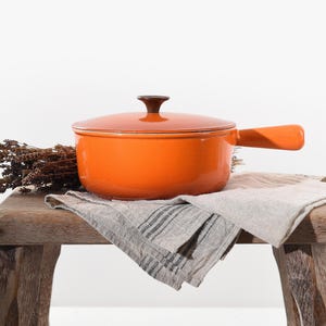 Le Creuset Cousances Orange Flame Dutch Oven Size 22 – Vintage French Cast Iron Cocotte – Mid Century Cookware – Enameled Pot France