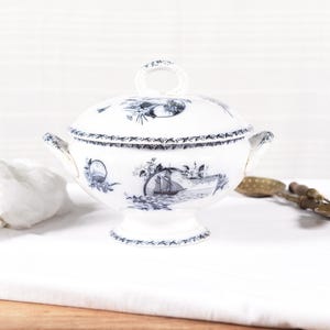 Badonviller Soup Tureen. Antique French Tureen With Lid. Ironstone Tureen for French Antique Decor. Blue Transferware Soup Tureen Dish.