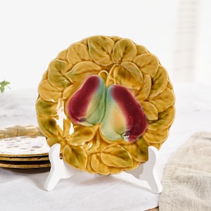 Majolica Plates - Set of 4 Vintage French Barbotine Plates - Dessert Dishes - Fruit Plates - Strawberries Pears Cherries And Grapes Decor