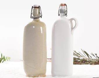 Vintage Enameled Stoneware Bottle Set for Home Decor - White and Beige