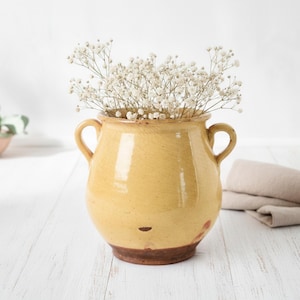 French Antique Yellow Confit Pot- 5.5" Small Wabi Sabi Vase & Utensil Holder- 19th Century Ochre Glazed Confit Jar- Rustic Kitchen Crock