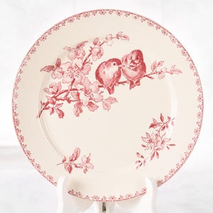Puede incluir: Plato de cer&aacute;mica color crema con dise&ntilde;o floral y de p&aacute;jaros en rojo. El plato presenta un borde de peque&ntilde;os motivos florales y una ilustraci&oacute;n central de dos p&aacute;jaros posados en una rama florecida.