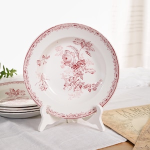 Sarreguemines  Fontanges Plate, Set of 5 Deep Plates, Red Transferware, Ironstone, Terre de Fer. Soup Plates for French Antique Decor.