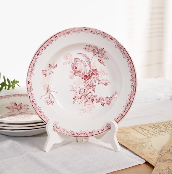 Lot De 5 Assiettes Plates Anciennes En Céramique - Décor Fleur - French Antique