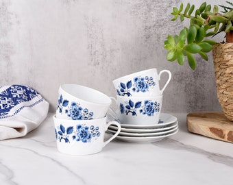 Tasses porcelaine de LIMOGES. 4 tasses avec soucoupe. Porcelaine française authentique. Service à café ou thé. Idée cadeau originale.