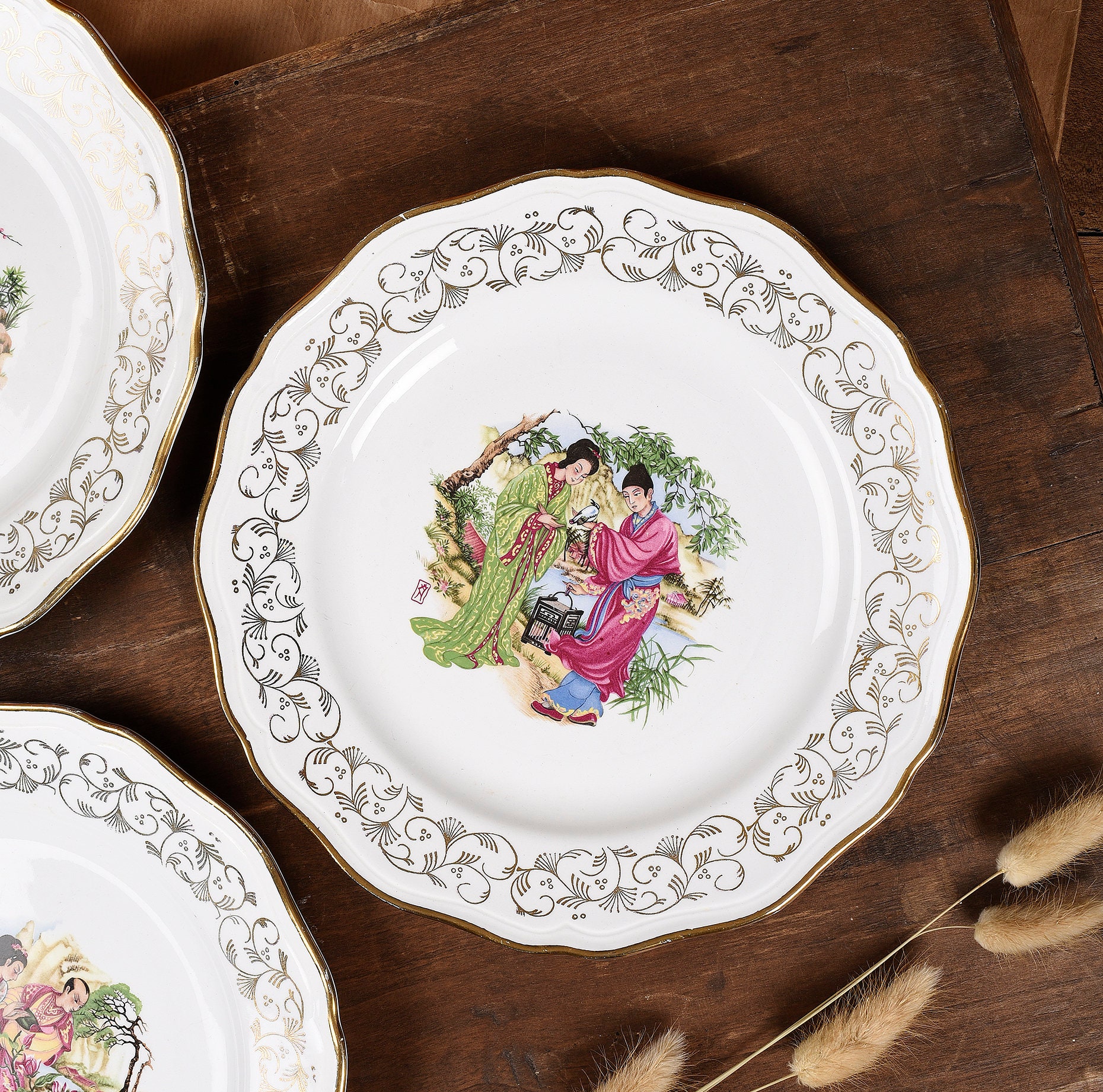 8月末まで_セットSt. Amand Nord ORCHIESディナープレート St Amand Plate. Set of 4 Vintage French China Plates