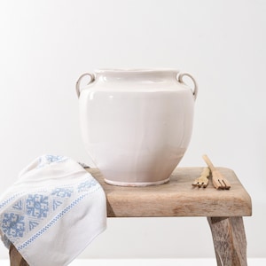 Antique French White Confit Pot – 19th C Glazed Earthenware Jar – Rustic Farmhouse Decor – Large French Country Kitchen Vessel