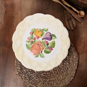 Majolica Platter. French Antique Pedestal Plate. Vintage Cake Stand, Fruit Stand.